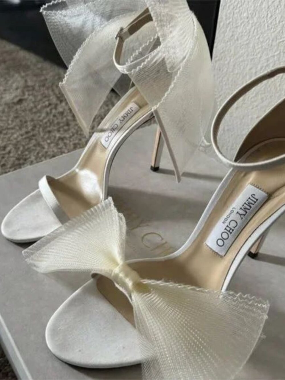Jimmy Choo Aveline 100 Latte Sandals with Asymmetric Grosgrain Fascinator Bows - Picture 4 of 4